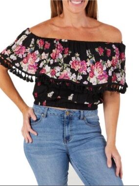 NWT RAGA Off-Shoulder Floral Crop Top - Black with Pink Roses